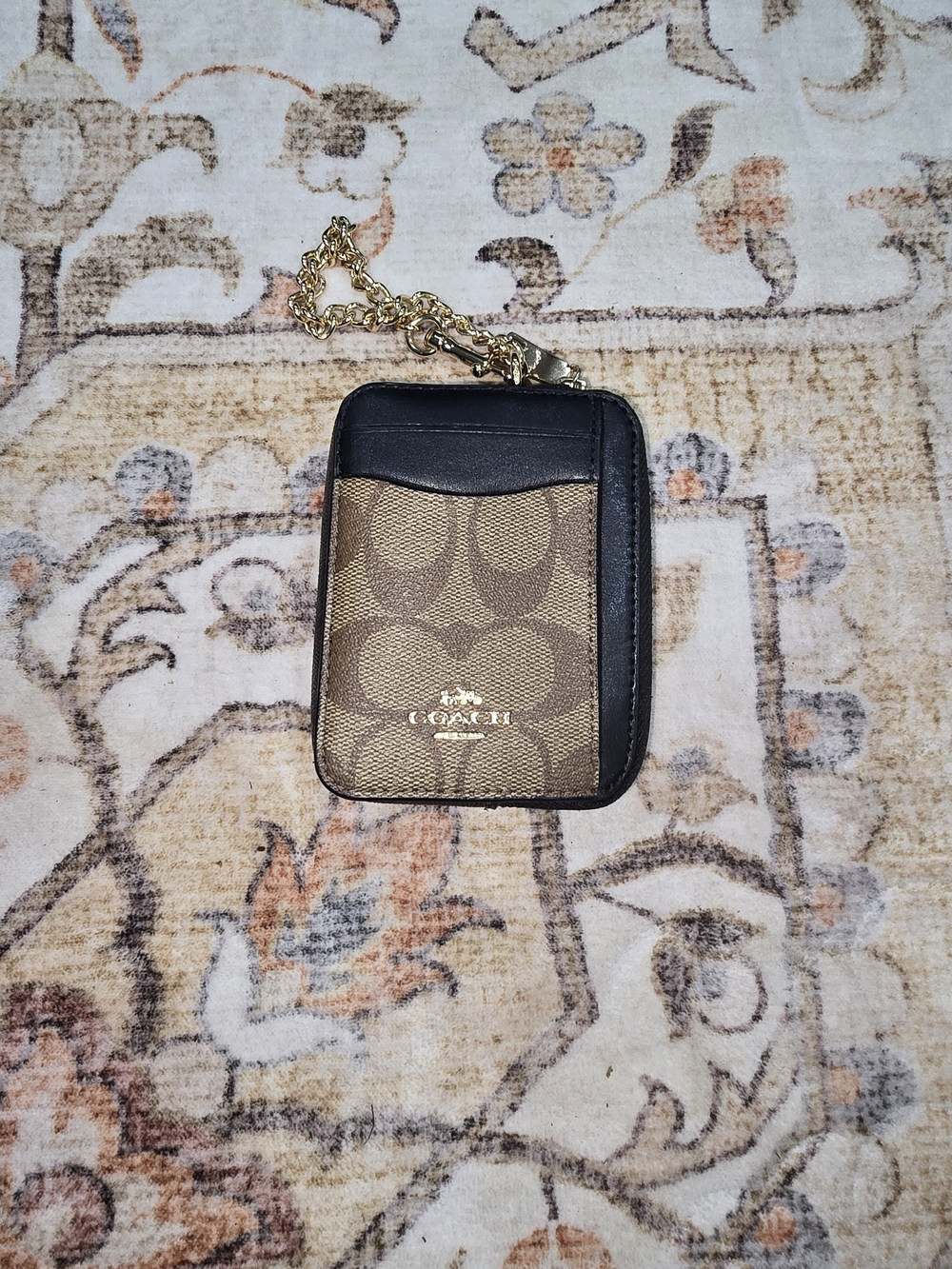 COACH Signature Canvas Card Case with Chain - Brown/Black